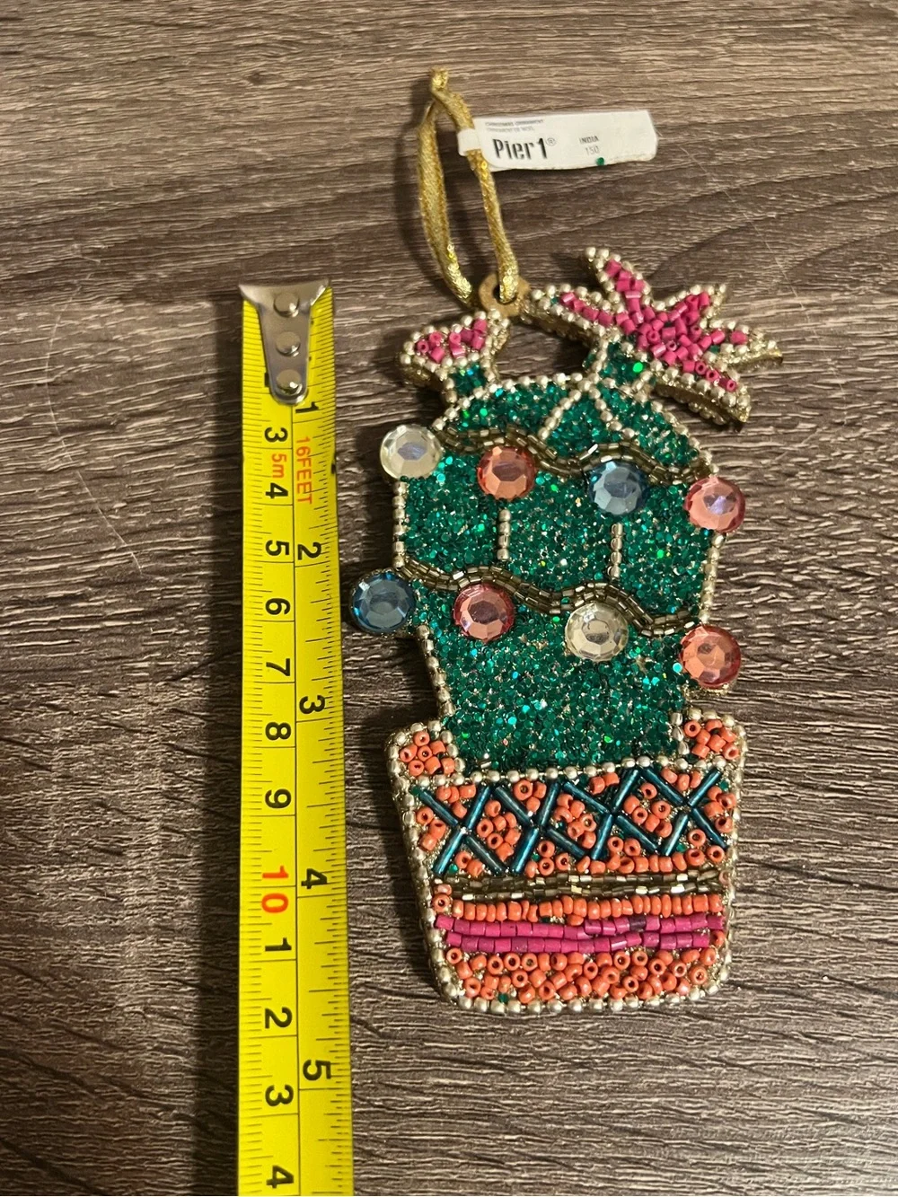 Pier 1 One Cactus Desert Christmas Holiday Ornament Beads Sparkle Green Pink NWT
